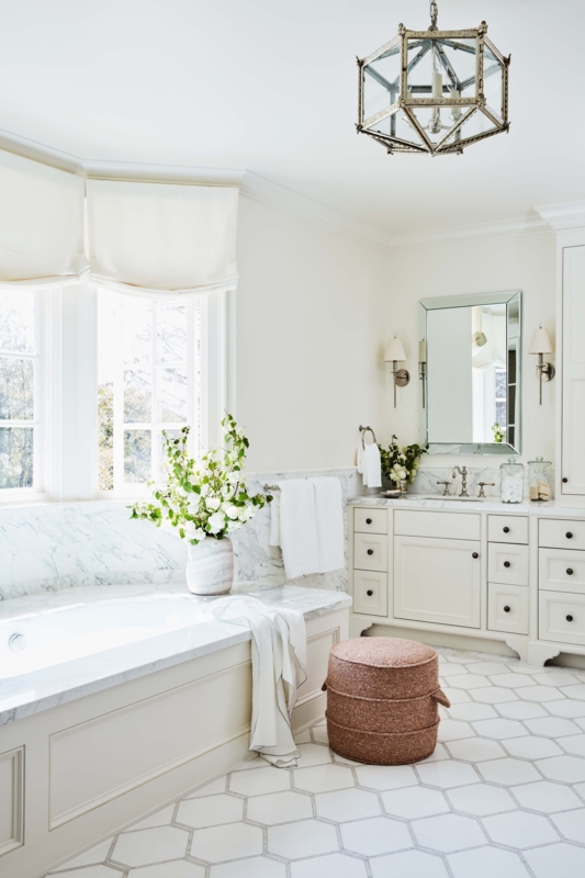 Master Bathroom Hexagon Floor Tile, Marble Tub Surround. White Marble Design.