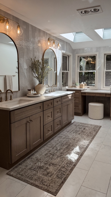 Master Bathroom Renovation with Vertical Stacked Tile and Arched Mirrors