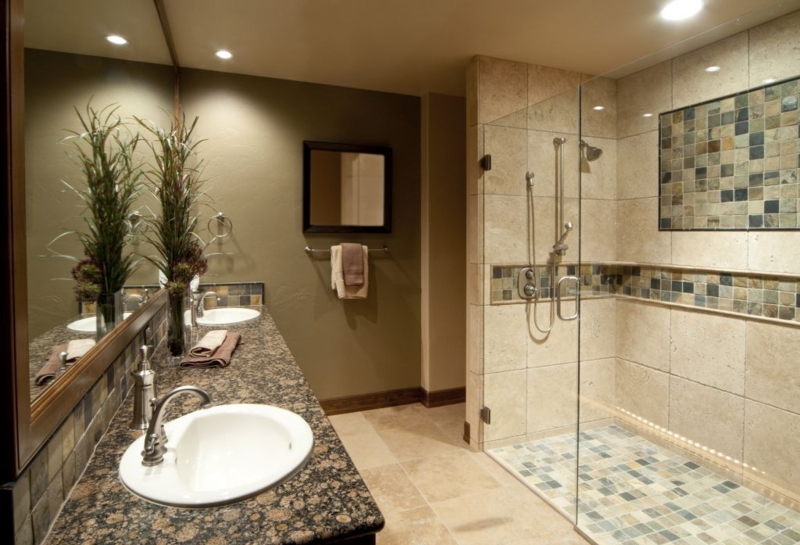 Master Bathroom Suite with Mosaic Tile Inlay and Double Sink Vanity