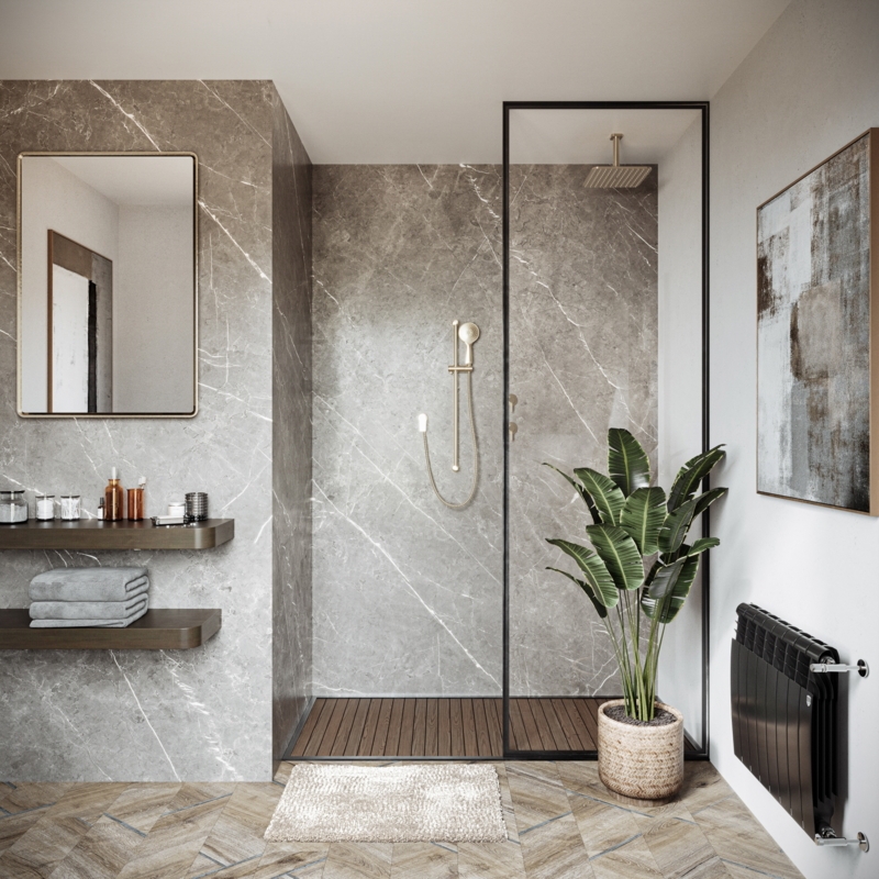 Master Bathroom with Marble Walls and Slatted Wood Shower Floor