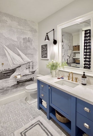 Master Bathroom with Ship Mural Wallpaper and Basketweave Tile Floor