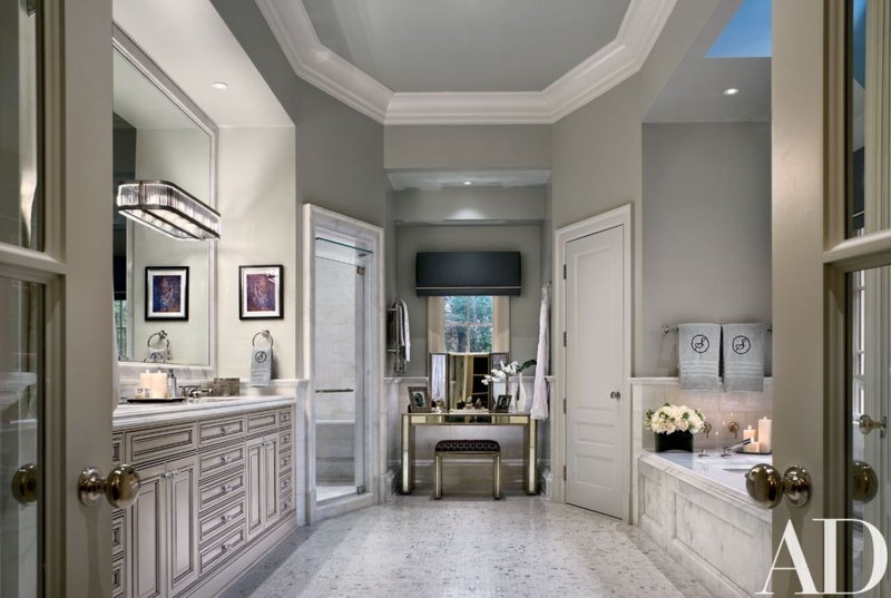 Master Suite Bathroom with Octagonal Tray Ceiling and Makeup Station