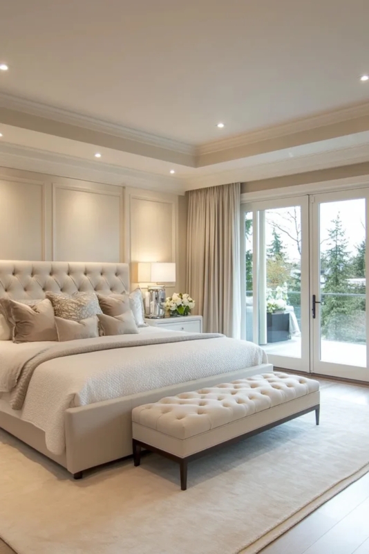 Master Suite with Tufted Bench and Bed Set, Monochromatic Luxury Design