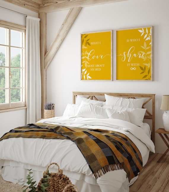 Matching Wall Art Set with Mustard Yellow Accent and Wood Beams