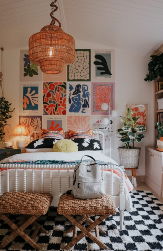 Matisse Art Gallery Wall Bedroom with Checkered Rug