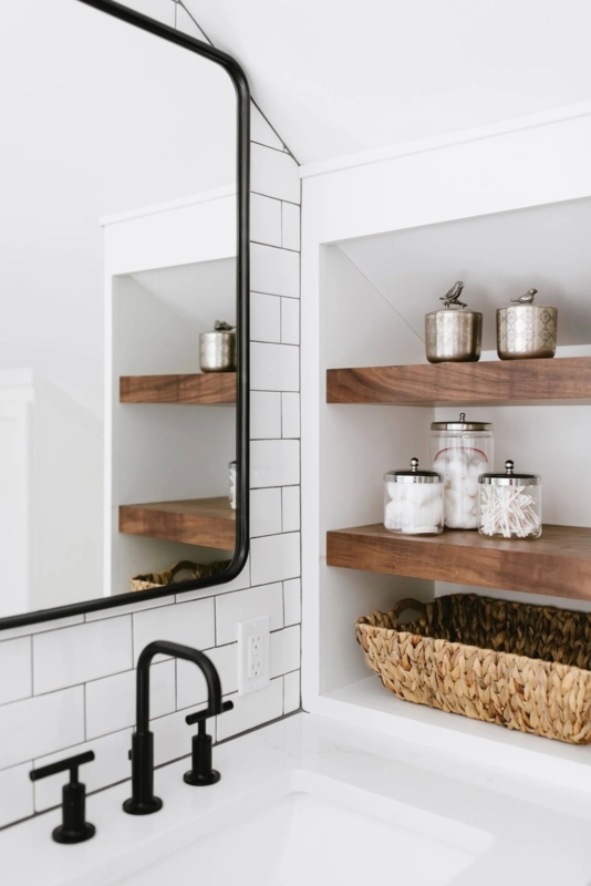 Matte Black Bathroom Hardware Styling with Recessed Wood Shelves