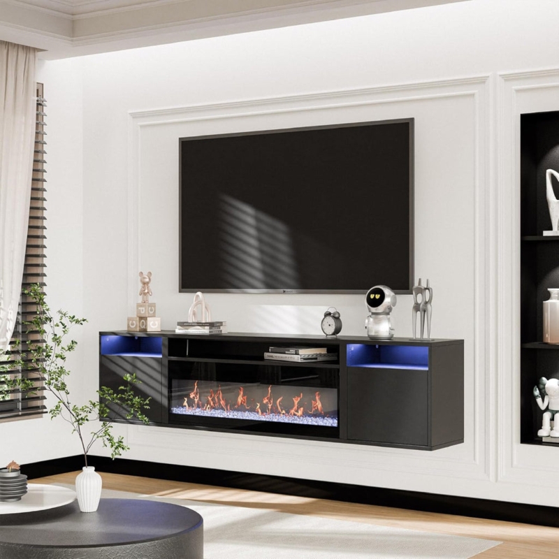 Matte Black Floating TV Stand with Integrated Fireplace and Blue LEDs