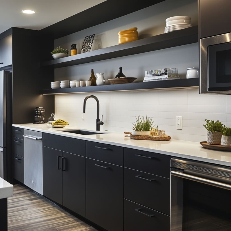 Matte Black Kitchen Cabinetry with Thick Floating Shelves