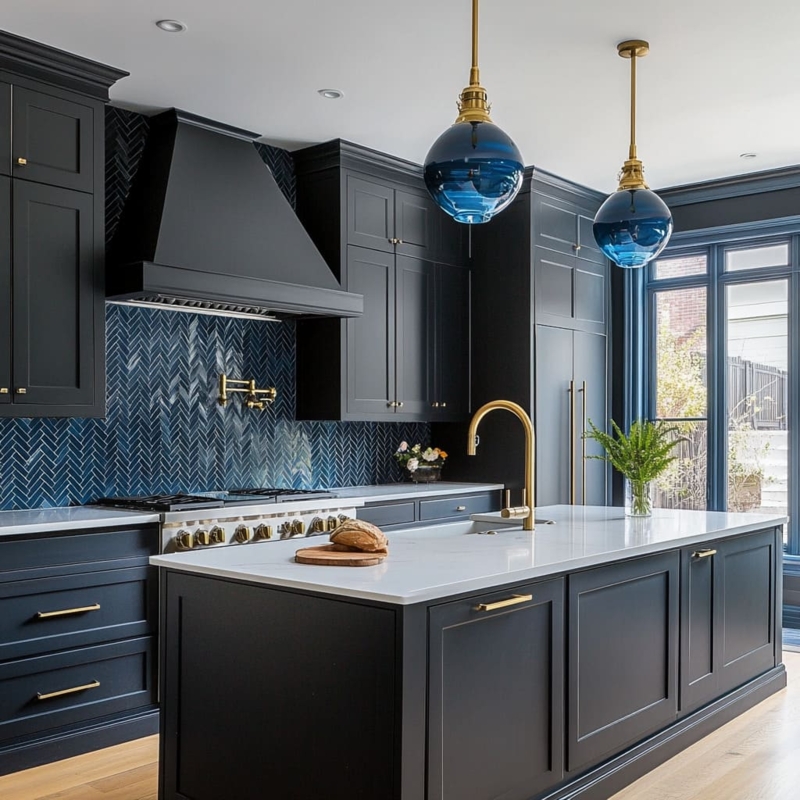 Matte Black Kitchen Cabinets with Blue Herringbone Tile Backsplash.