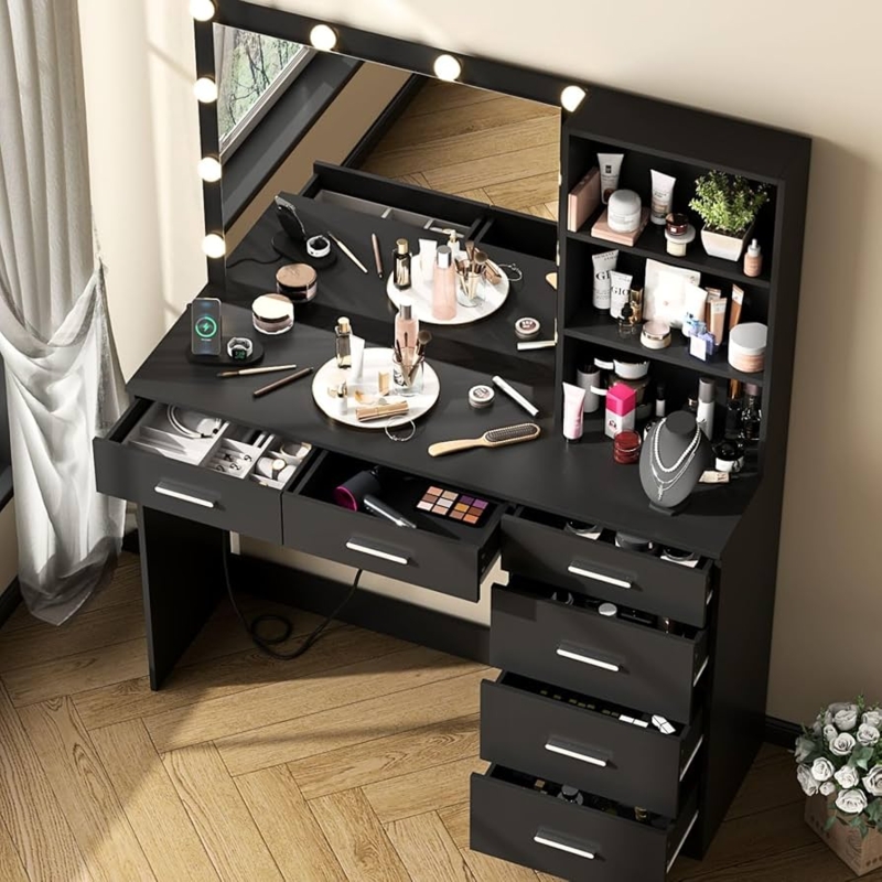 Matte Black Vanity Desk with Six Drawers and Integrated Side Shelving
