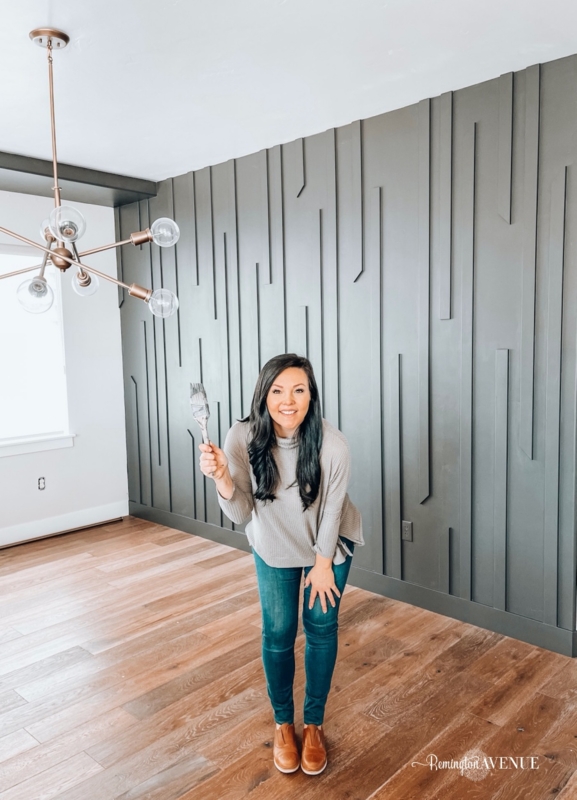 Matte Charcoal Accent Wall featuring DIY Geometric Wood Slat Paneling