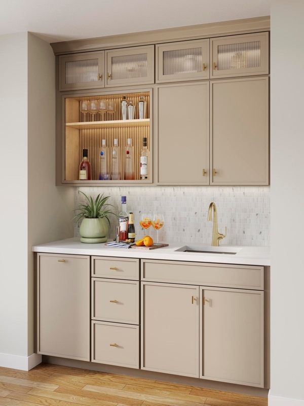 Matte Taupe Home Bar Cabinetry featuring Fluted Glass & Slatted Nook