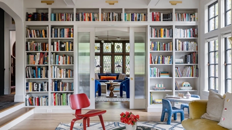 Matte White Built-In Shelving with Floor-to-Ceiling Storage