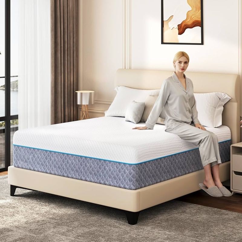 Mattress in Serene Bedroom Setting, Thick Profile, Textured Fabric Cover