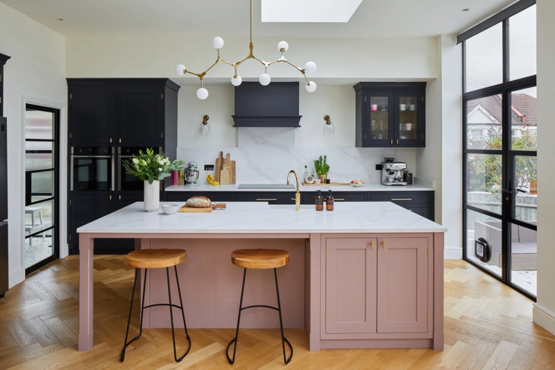 Mauve Kitchen Island Design with Modern Branching Chandelier