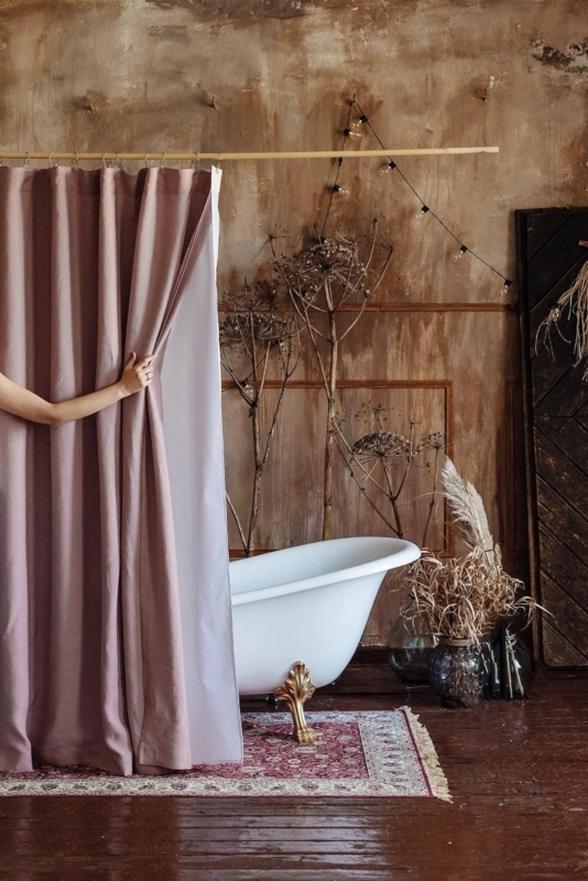 Mauve Linen Shower Curtain in Rustic Bathroom with Distressed Walls