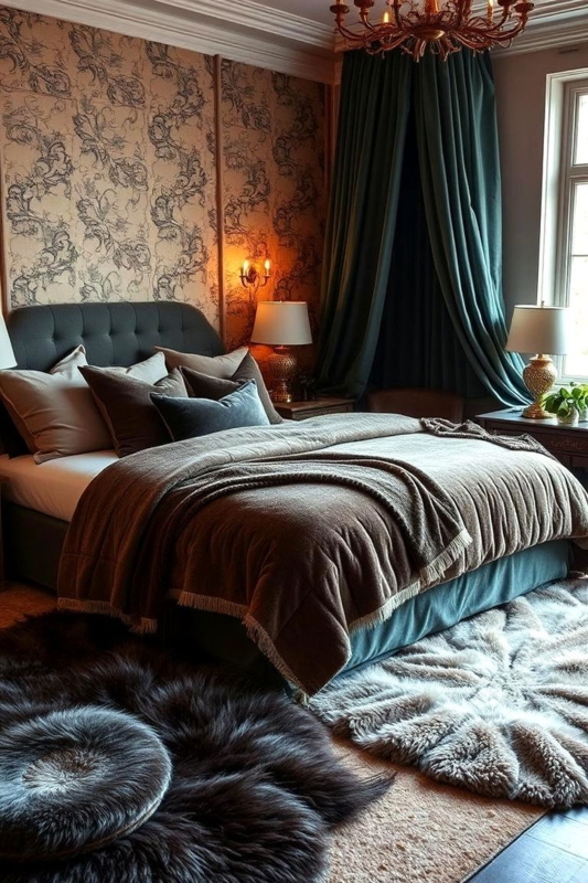 Maximalist Bed with Damask Wallpaper and Deep Teal Velvet Drapes