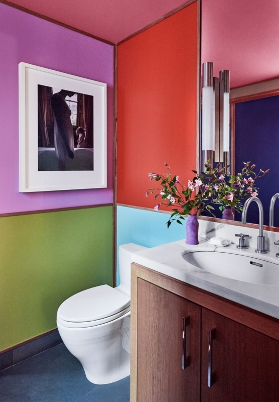 Maximalist Color Blocked Bathroom Walls: Vibrant Palette & Wood Vanity