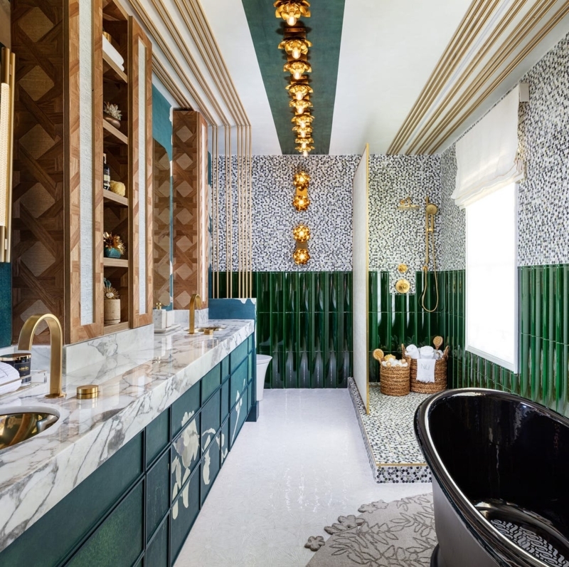 Maximalist Emerald Green Bathroom with Fluted Wall Tiles