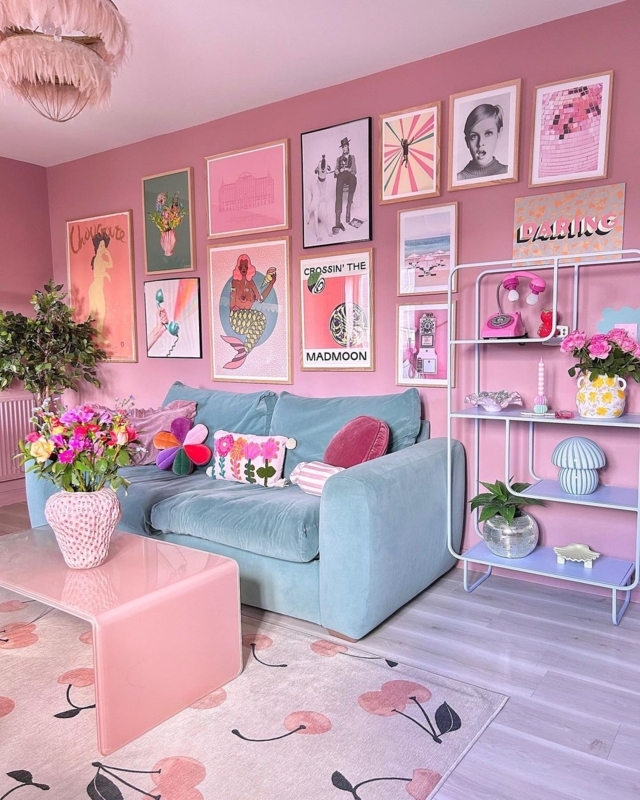 Maximalist Gallery Wall Ideas featuring a Cherry Pattern Area Rug