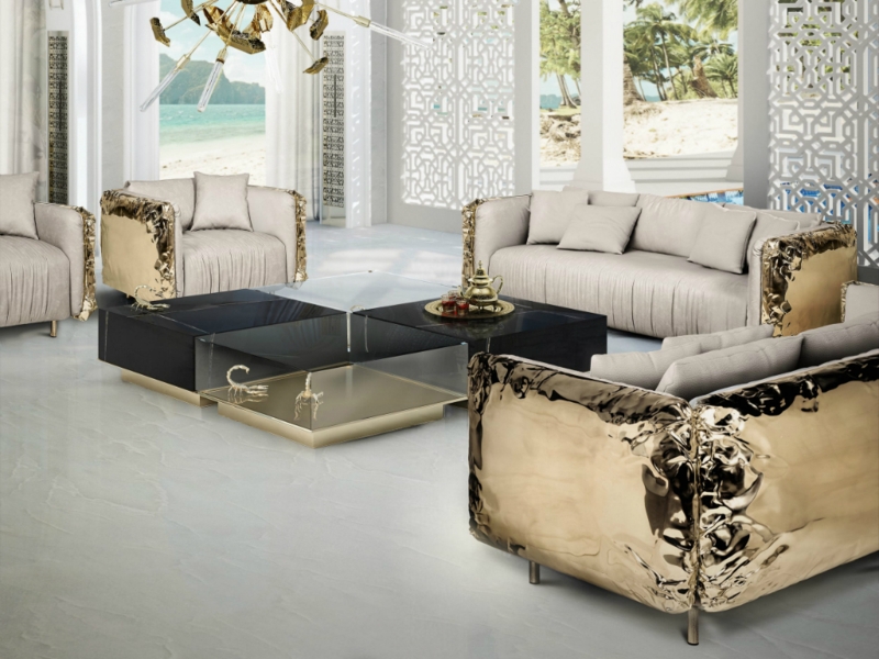 Maximalist Gold Metallic Sofa Set with Crumpled Finish and Pleats