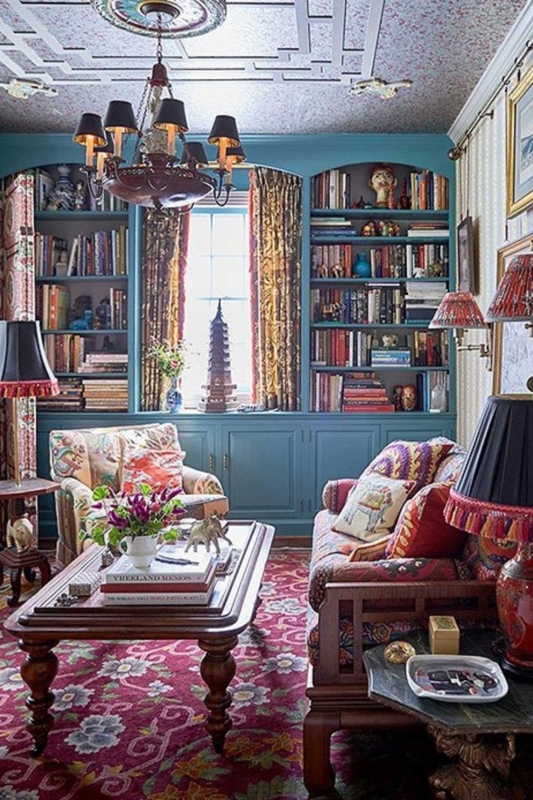 Maximalist Library with Teal Bookshelves & Patterned Ceiling