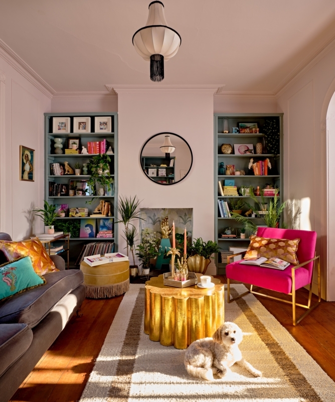 Maximalist Living Room Pink Walls Teal Bookshelves