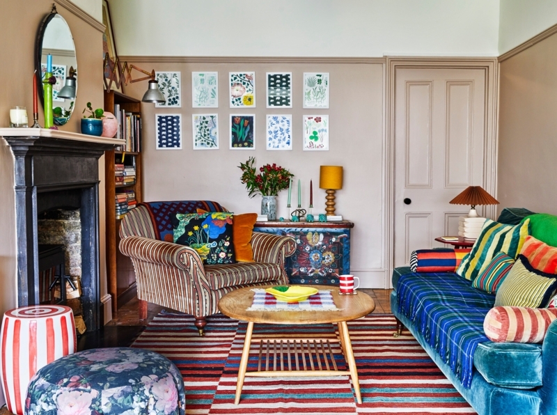 Maximalist Sofa Setting with Bold Pattern Mixing and Botanical Grid Art