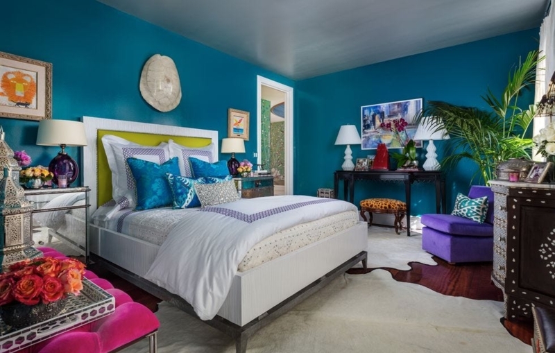 Maximalist Teal Bedroom with Mirrored Nightstand