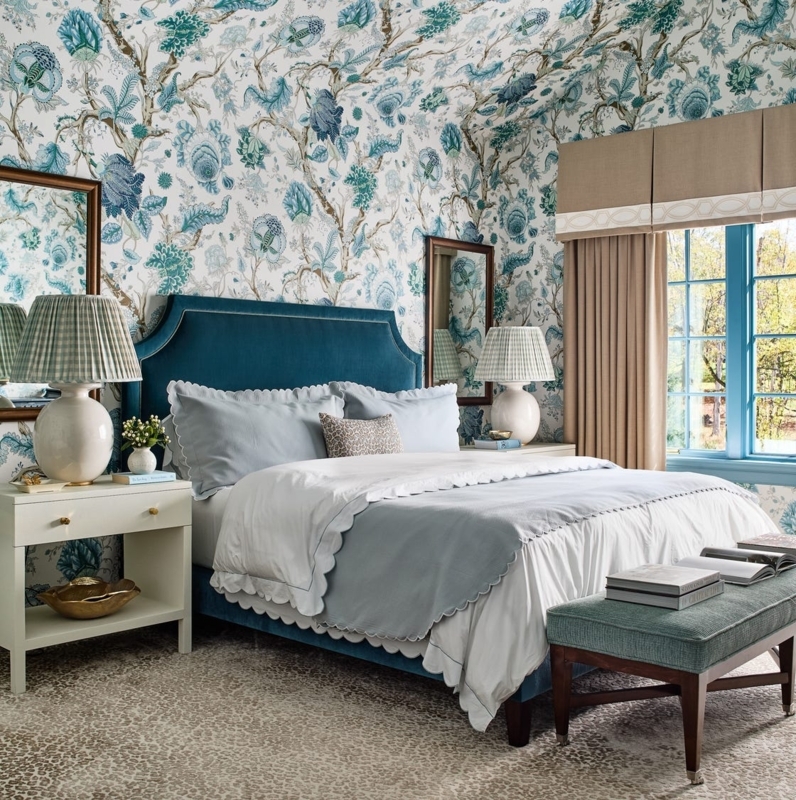 Maximalist Upholstered Bed with Wallpapered Ceiling and Teal Velvet