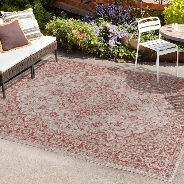 Medallion Area Rug Rust Red Oversized Boho Textured Weave Deck