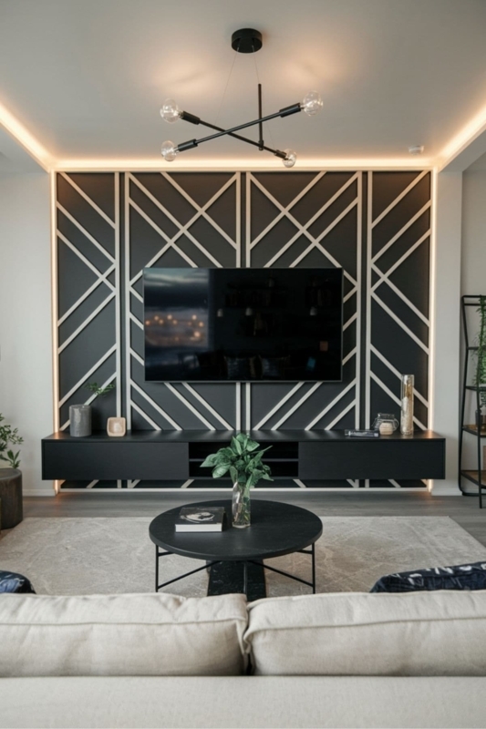 Media Console Floating Design on Geometric Slat Wall Backlit Feature