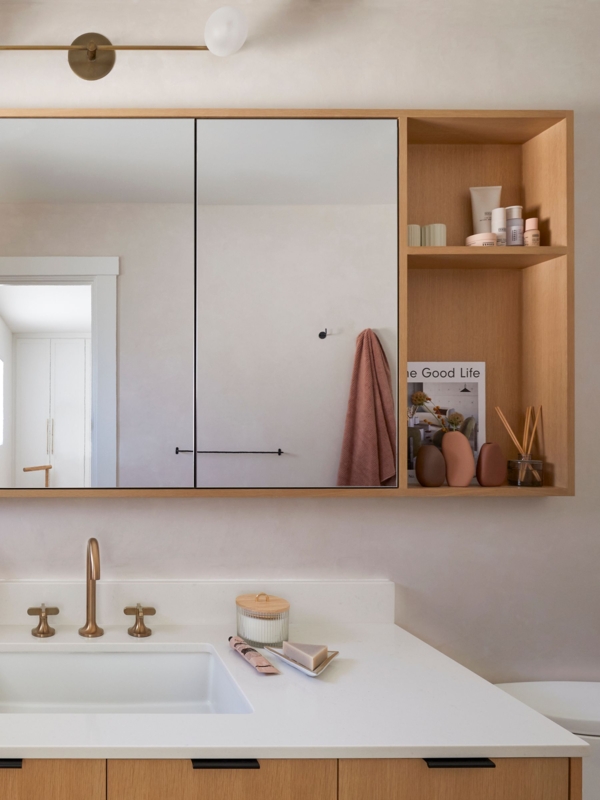 Medicine Cabinet With Open Shelving, Wood Toned Minimalist Bathroom