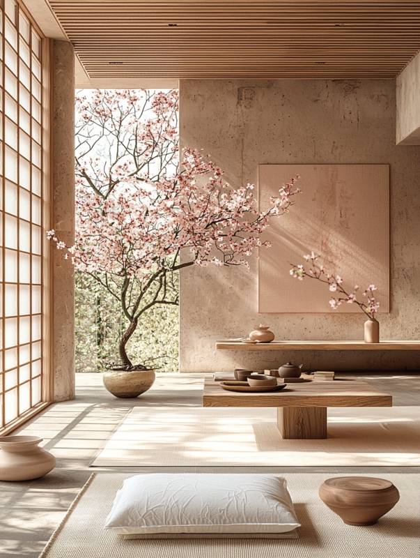 Meditation Room: Zen Room with Cherry Blossoms and Slatted Wood Ceiling.