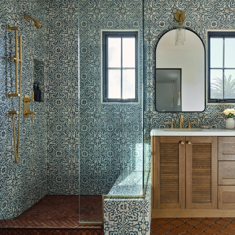 Mediterranean Doorless Walk-In Shower: Blue Patterned Tile & Terracotta