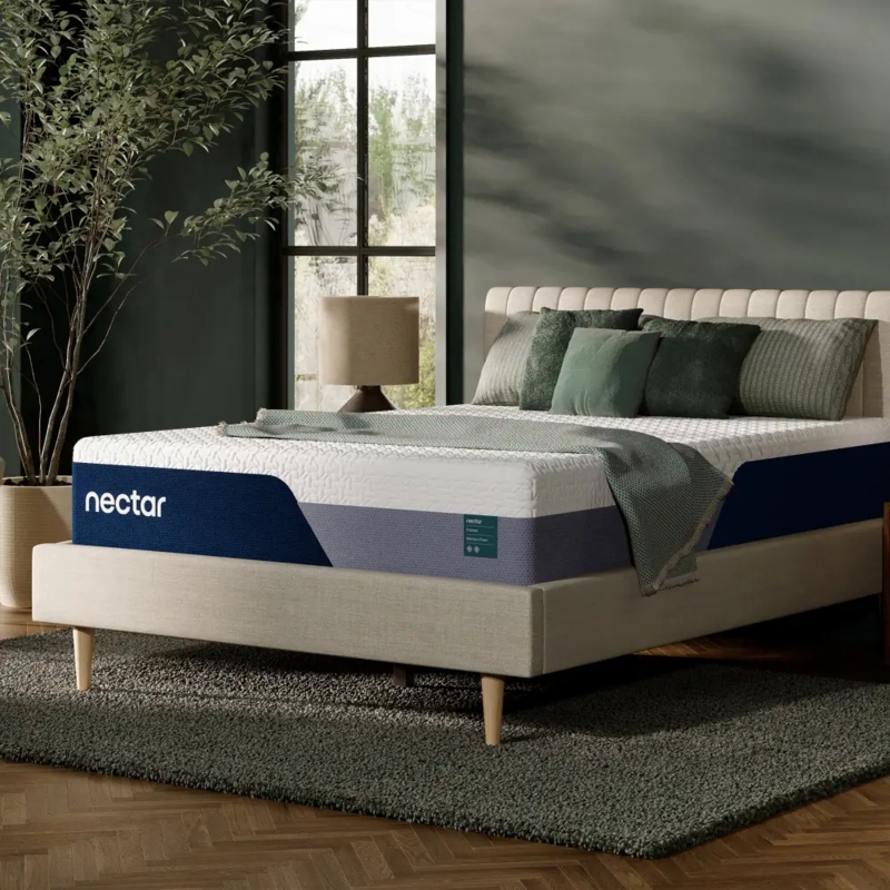 Memory Foam Mattress Exposed Layered Construction, Grey Headboard Context