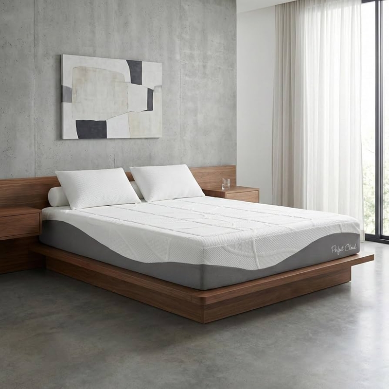 Memory Foam Mattress, Gold Toned Piping, 12 Inch Plush, Charcoal Sides.