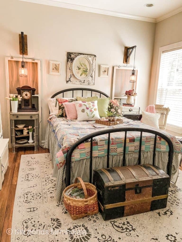 Metal Bed Frame Farmhouse Style with Antique Trunk Storage