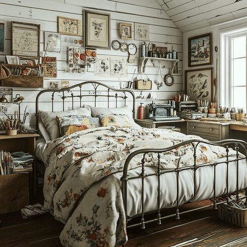 Metal Bed Frame with Curved Spindles and Floral Duvet in Attic