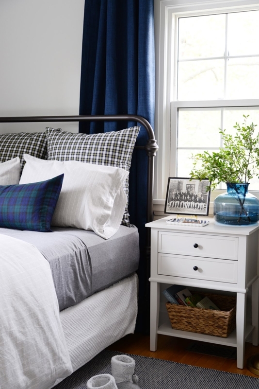 Metal Bed Frame with Navy Plaid Bedding and Traditional Cottage Style