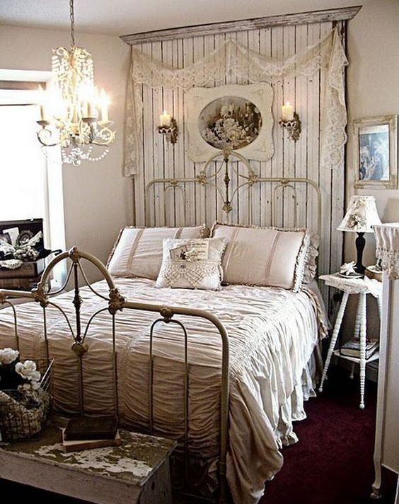 Metal Bed Ornate Gold with Distressed Wood Plank Headboard Wall