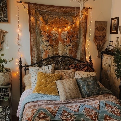 Metal Bed with Patterned Tapestry Backdrop and Lights