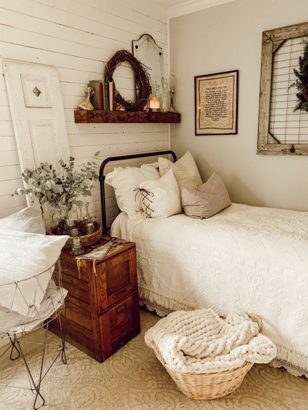 Metal Bed with Vintage Crate Nightstand in Rustic Shiplap Bedroom