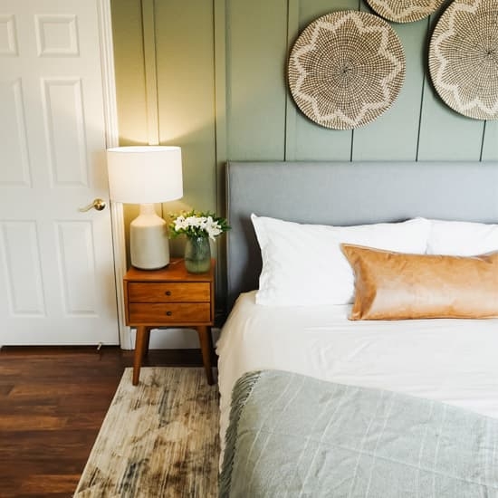 Mid-Century Bedroom Nook with Woven Basket Wall Art