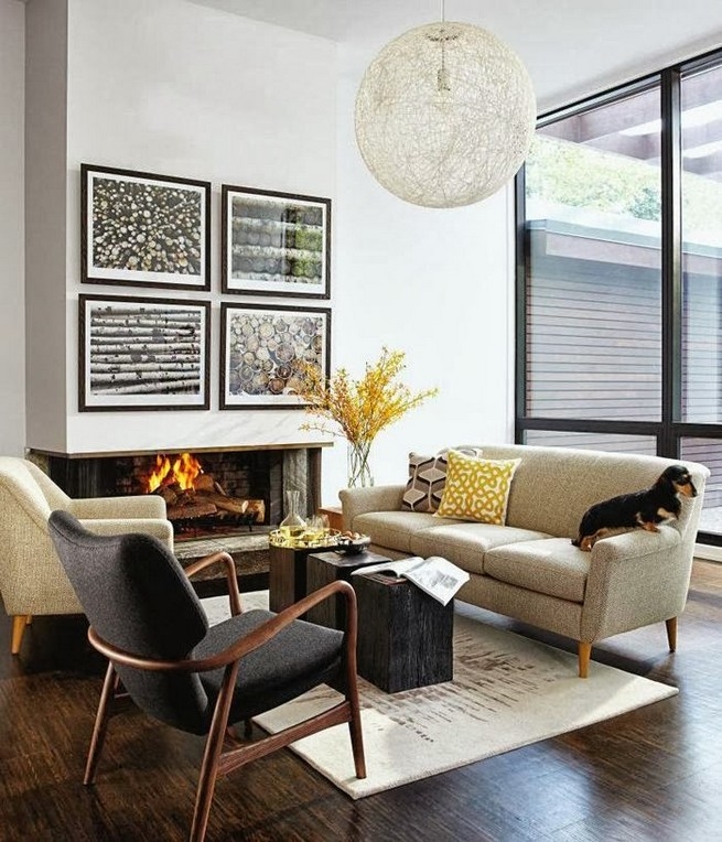 Mid-Century Charcoal Accent Chair with Spherical Pendant Light