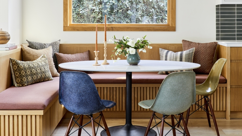 Mid-Century Dining Nook: Slatted Wood Bench & Mixed Color Shell Chairs