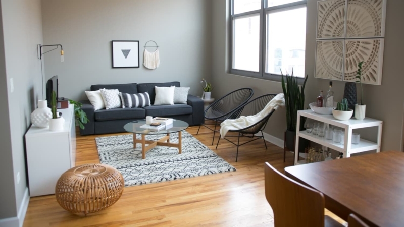 Mid-Century Grey Floor Living Room: Geometric Rug & Charcoal Sofa