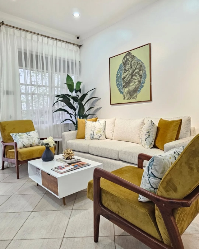 Mid-Century Living Room Layout with Mustard Velvet Chairs