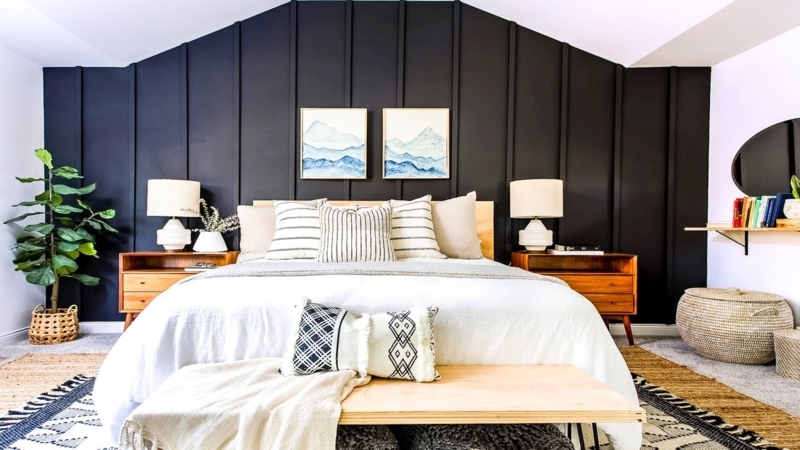 Mid-Century Modern Bedroom with Navy Board and Batten Wall