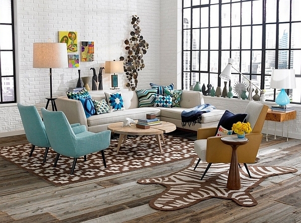 Mid-Century Modern Living Room Layout with Layered Area Rugs